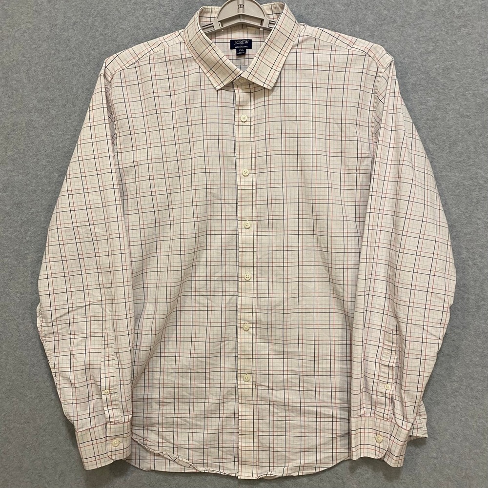 J CREW Performance Mens 2XL White Check Long Sleeve Button Cotton Blend Shirt